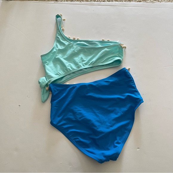 Blue and Teal Green Multicolor Cutout One Shoulder Pom Pom Embellished Swimsuit - Picture 1 of 2